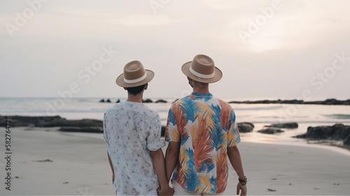 happy gay couple walking on beach, love and freedom concept, generative ai