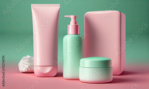 A selection of beauty products including a bottle of soap, generative AI