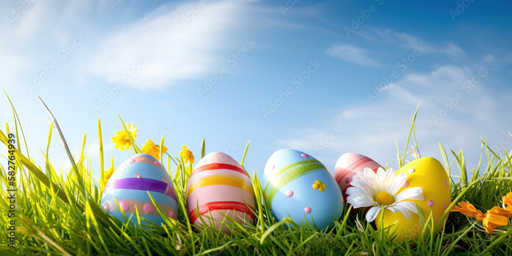 happy easter, easter eggs in the beautiful grassy meadow on clear blue sky, generative ai happy easter, easter eggs in the beautiful grassy meadow on clear blue sky, generative ai