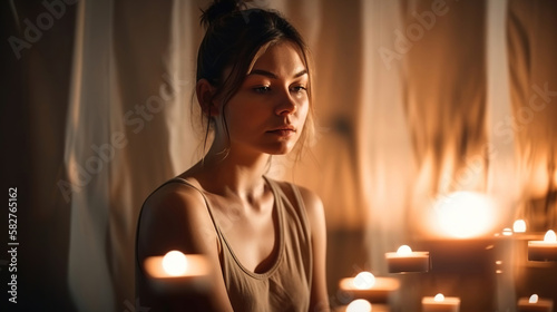 beautiful young woman meditating in yoga pose, relaxing candle lights, generative ai © Gbor
