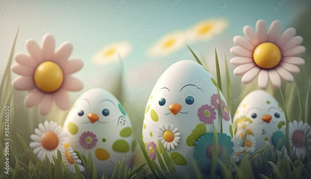 Fototapeta premium Cute Painted Easter Eggs on floral Background. generative ai.
