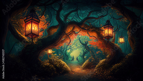 Fantasy magical green forest path  lantern  night  generative AI