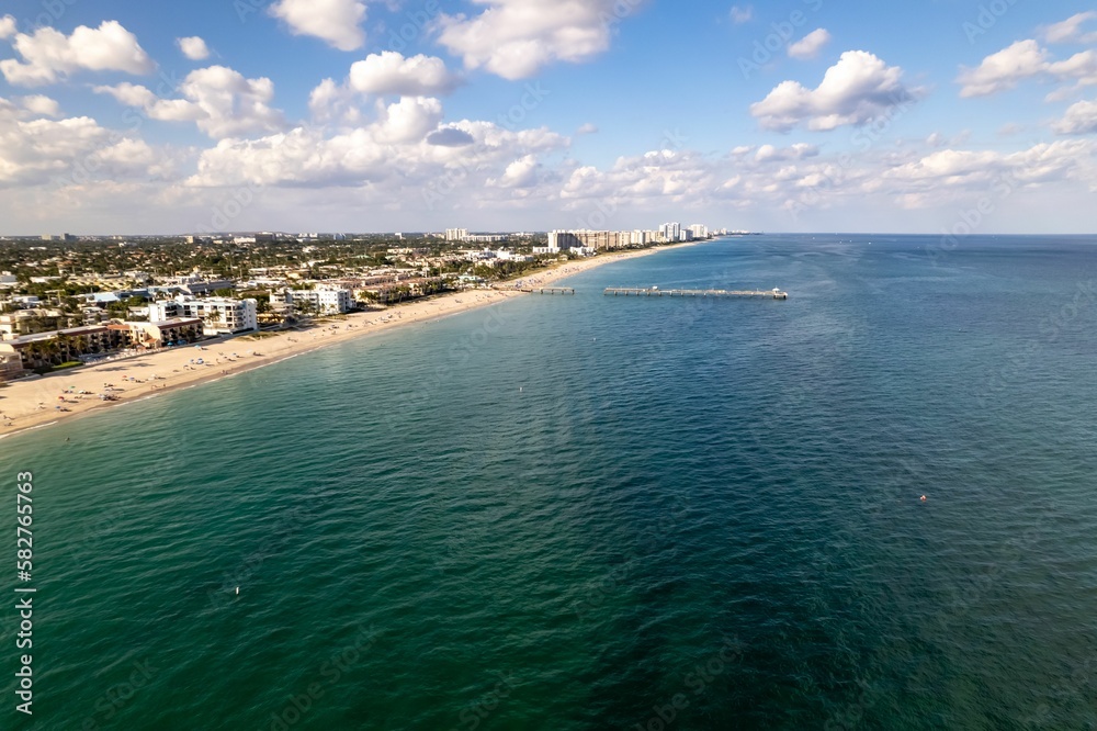 Aerial view of a seascape with the cityscape of Fort Lauderdale, Florida in the background