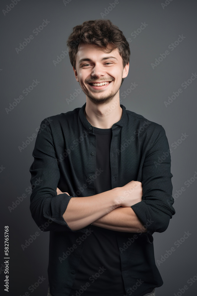 handsome smiling guy on dark background, generative ai