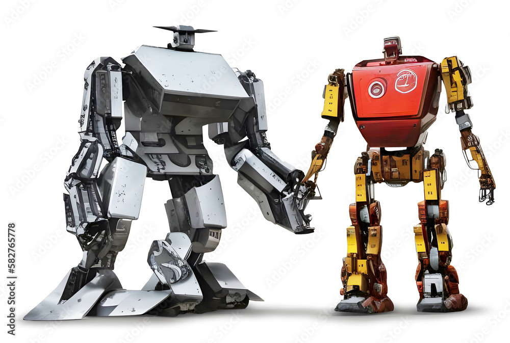 Two robots made of recycled materials, holding hands, isolated. AI generated image. Two robots made of recycled materials, holding hands, isolated. AI generated image.