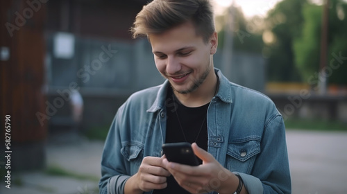 handsome young man using mobile phone outdoor in the city, generative ai