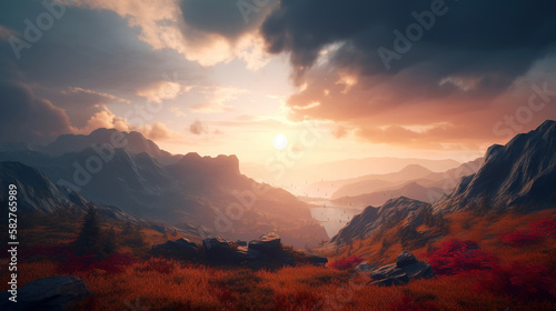 beautiful sunrise in the magical fantasy mountains landscape, generative ai © Gbor
