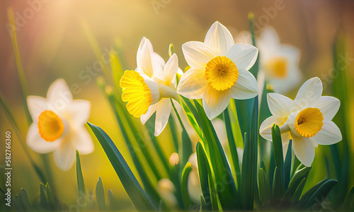 Easter flowers in green spring meadow on blurred bokeh background, blooming narcissus in sunlight, generative AI