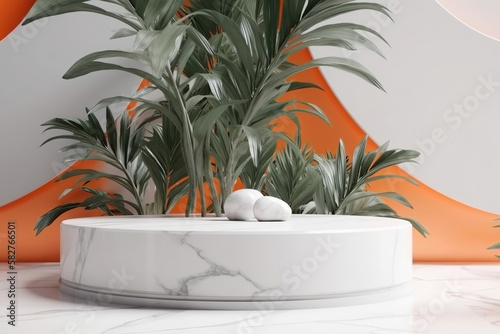 beautiful white marble empty round shaped podium for luxury whitening beauty skincare products display backdrop, templates with natural green leaves, plant twig, foliages leaves, copy space photo