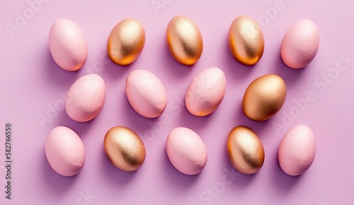 Pink and gold easter eggs on pink background. generative ai.