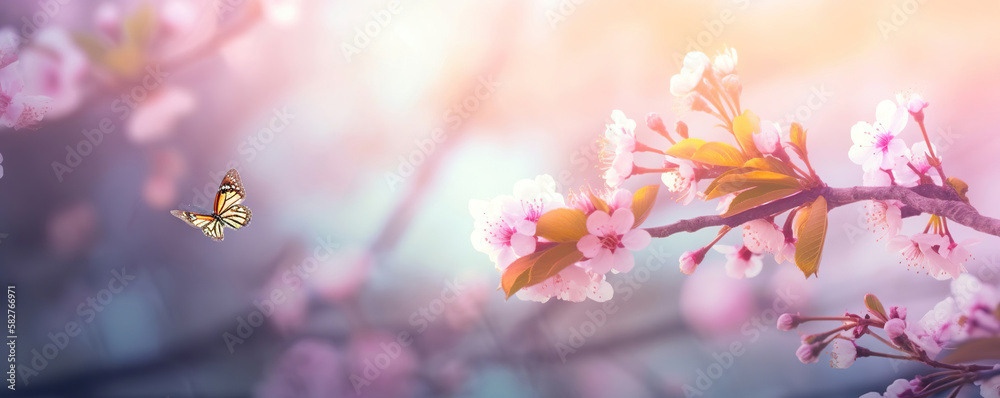 spring flowers with butterfly on blurred soft background, generative ai