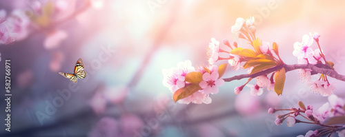 spring flowers with butterfly on blurred soft background, generative ai © Gbor