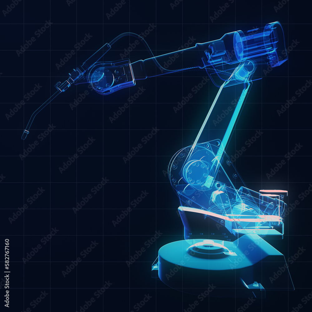 3D rendering of an industrial robotic arm with x-ray welding on a black ...