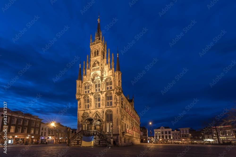 Scenic view of the City Hall of Gouda in the Netherlands during nighttime