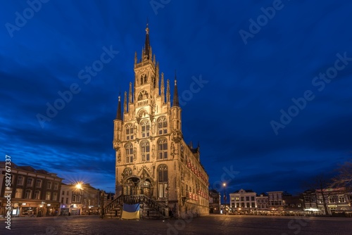Scenic view of the City Hall of Gouda in the Netherlands during nighttime