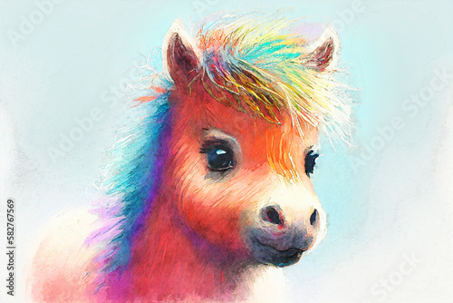 A baby horse, captured in a colorful and pastel palette, with delicate strokes that convey a sense of innocence and joy, illustration