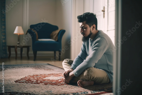 thoughtful man sitting on the floor at home, generative ai