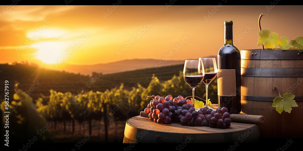 glass of wine and grapes in the vineyard at sunset, generative ai