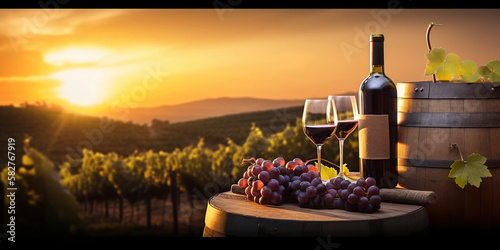 glass of wine and grapes in the vineyard at sunset, generative ai