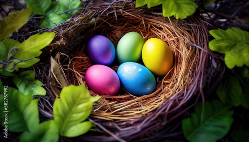 closeup of nest with colorful Easter eggs. generative ai.