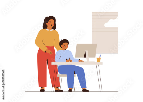 Asian Teacher explains something to her pupil at class. Mother helps to do homework to her son.School child performs the task using a computer.E-learning and home education concept.Vector illustration