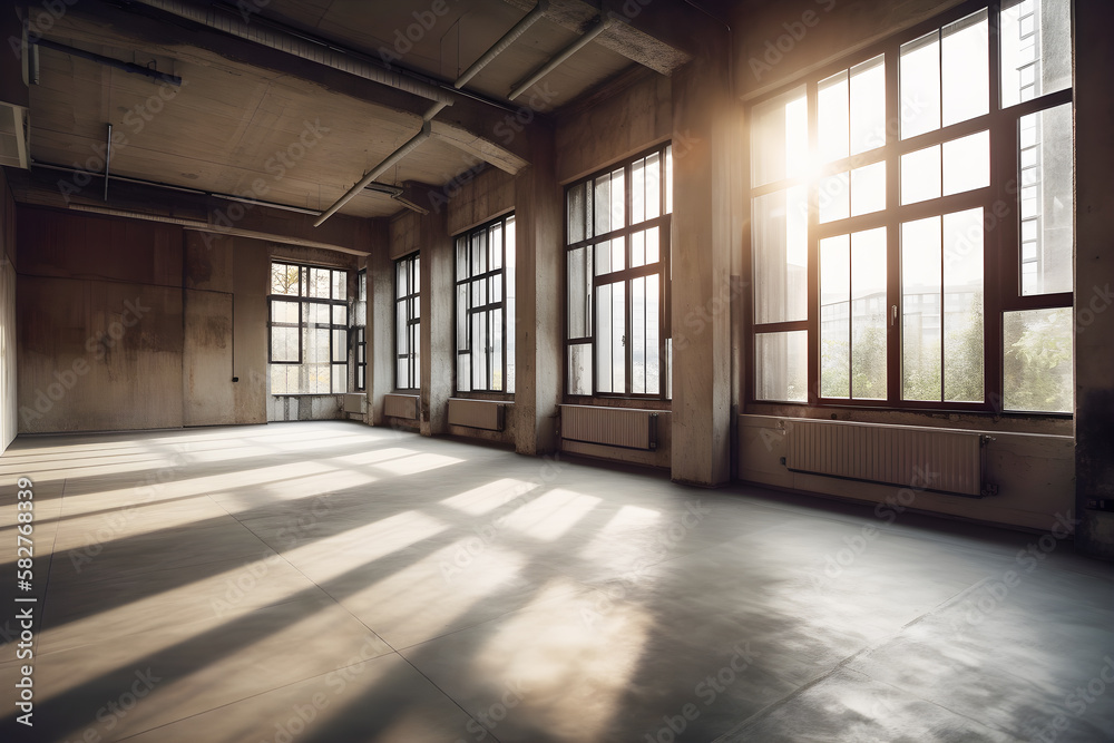Old grunge empty interior with sunlight, illustration ai generative Old grunge empty interior with sunlight, illustration ai generative