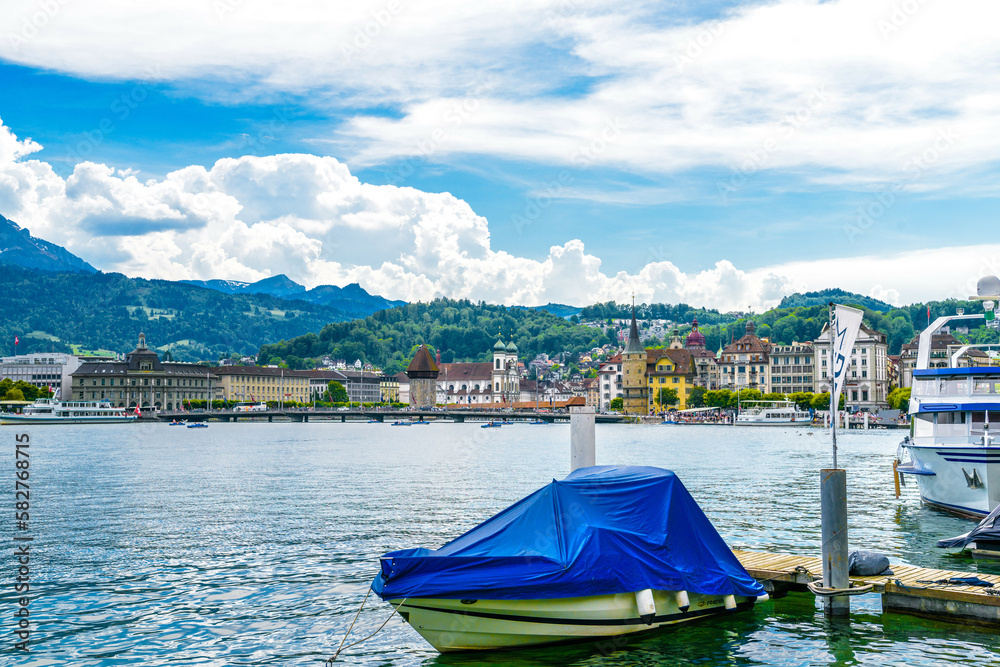 Boat in the Lake Lucerne near city Lucerne, Luzern Switzerland
