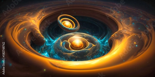 Ripples in space-time caused by the acceleration of massive objects, such as black holes or neutron stars photo