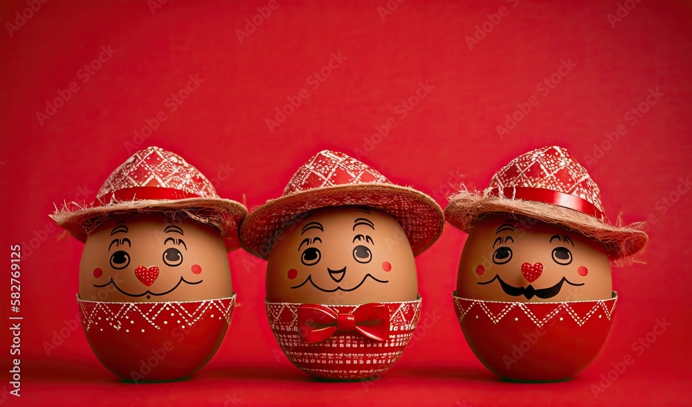 Painted Easter Eggs with Hats on Pastel Color Background