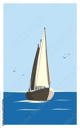 A yacht or a boat or a sea vessel is sailing on the sea.