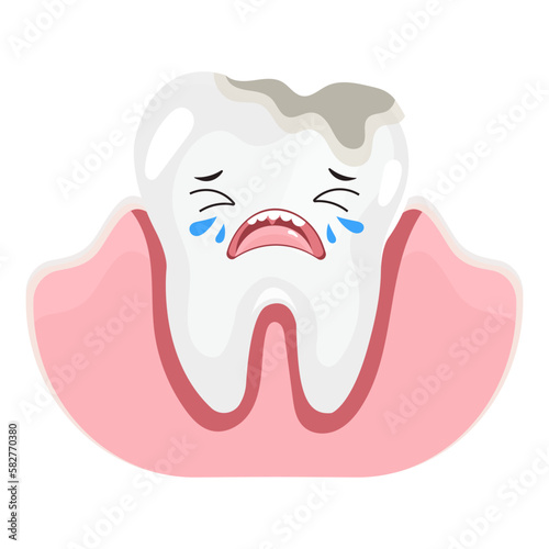 Unhealthy tooth with deep caries and hole,. Crying tooth character. Vector illustration, isolated on white. Concept for dental clinic.