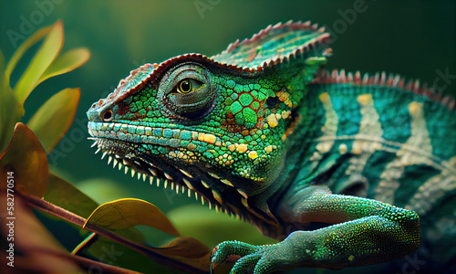 A green iguana with a green head and a red tail sits on a branch, generative AI © Enigma