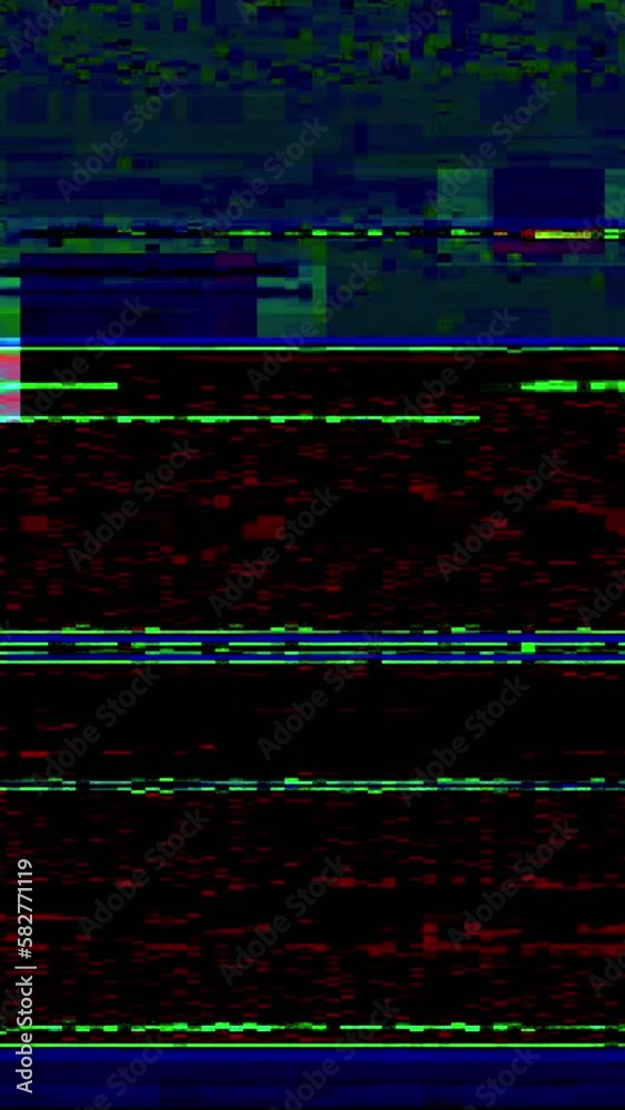 Vertical video. Pixel glitch digital artifacts. Electronic error. Red green blue color real analog distortion flicker lines on dark black transition effect. Vertical video. Pixel glitch digital artifacts. Electronic error. Red green blue color real analog distortion flicker lines on dark black transition effect.