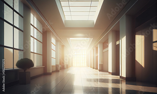 Hall interior in modern building or hospital filled with light, generative AI