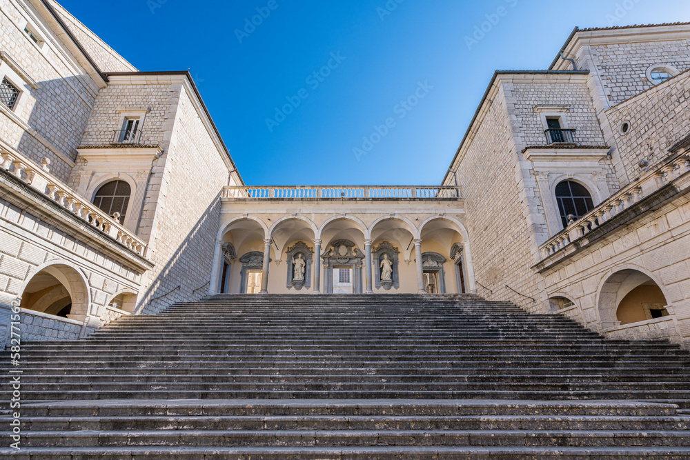 The marvelous cloister of Montecassino Abbey on a sunny morning, Lazio, Italy.
