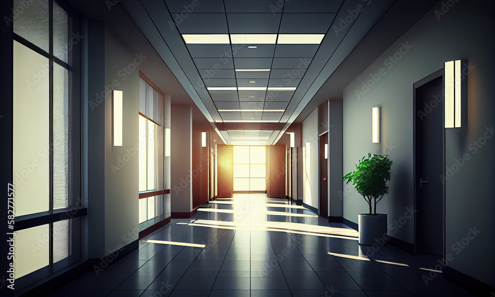 A hallway with a plant in it and the sun shining on the ceiling, generative AI A hallway with a plant in it and the sun shining on the ceiling, generative AI