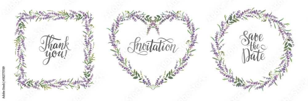 Lavender frames set. Lavender collection for wedding invitation, posters, save the date, greeting card.