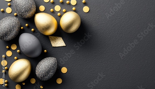 grey and golden Festive Painted Easter eggs with golden glitter on grey background