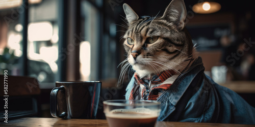 Portrait of a cat sitting at a cafe with a cup of coffee, generative ai