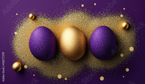 Purple and golden festive Painted Easter eggs with golden glitter on purple background