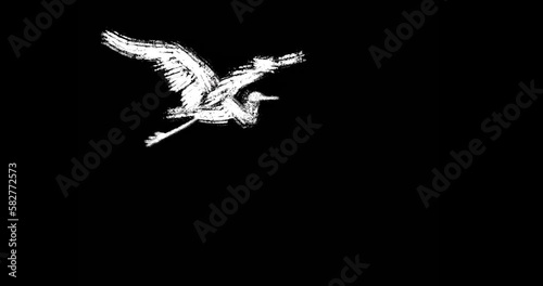 White heron flying on black background. Artistic luma mask animated element. Seamless loop animation.