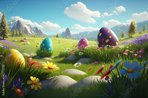 Beautiful Spring Valley with Easter Eggs butterflies and flowers