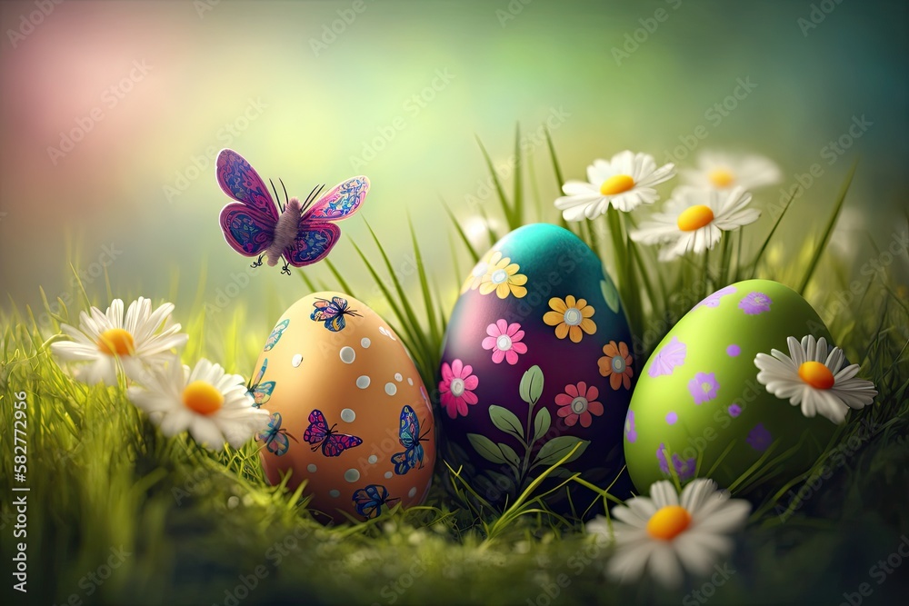 Bunch of Easter Eggs with flowers and butterfly Spring background