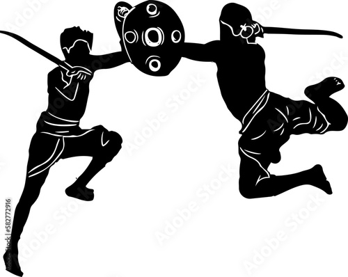 Silhouette of Indian traditional martial art Kalaripayattu game, Sketch drawing of Kalaripayattu Krla game