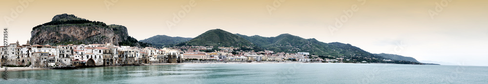 panorama of cefalu in sunset, sicily italy. 