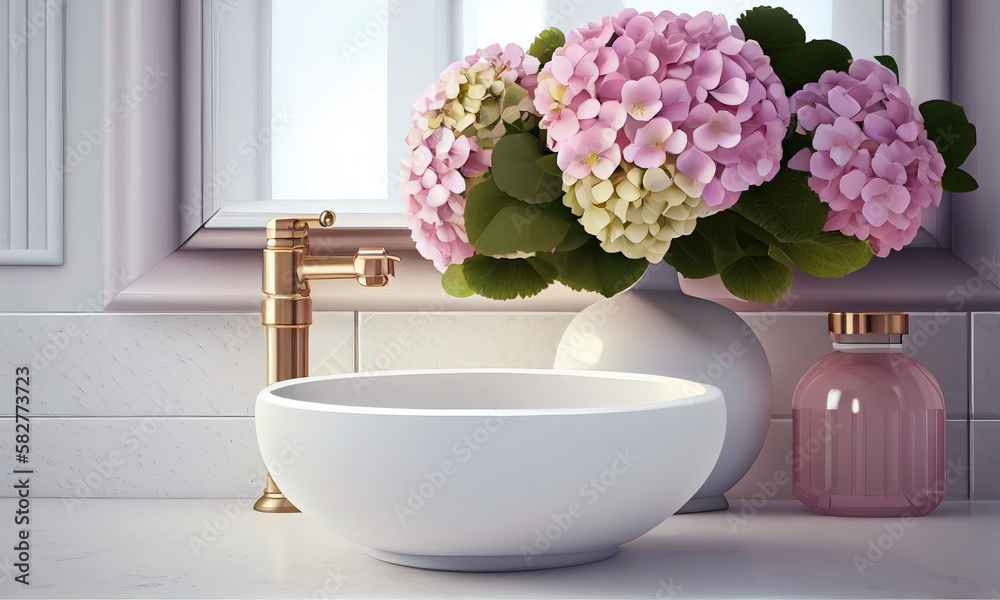 A white sink with a pink flower in the corner, generative AI