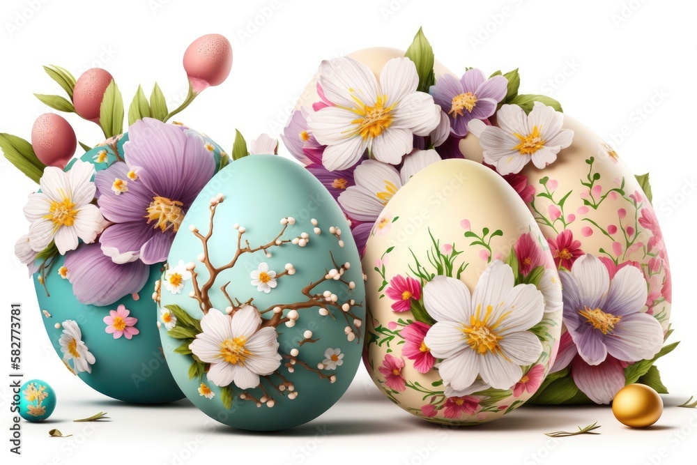 Fototapeta premium Bunch of Easter Eggs with flowers isolated on white background