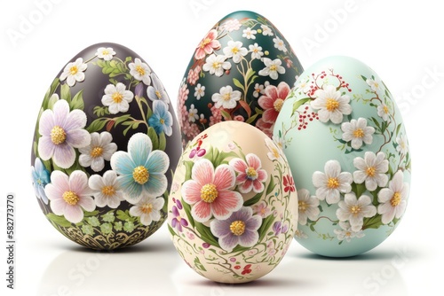 Bunch of Easter Eggs with flowers isolated on white background