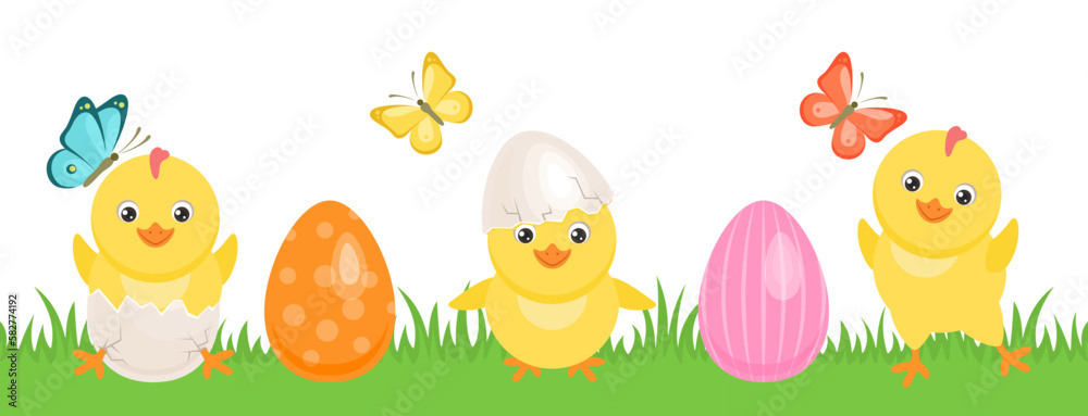Easter seamless banner with chickens and eggs on green grass. Cracked chicken eggs with cute newborn baby. Funny little yellow bird in different poses. Vector simple flat illustration. Easter seamless banner with chickens and eggs on green grass. Cracked chicken eggs with cute newborn baby. Funny little yellow bird in different poses. Vector simple flat illustration.