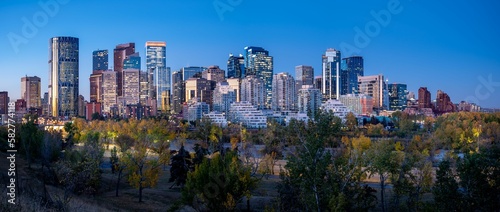 Calgary Alberta's skyline during blue hour in autumn